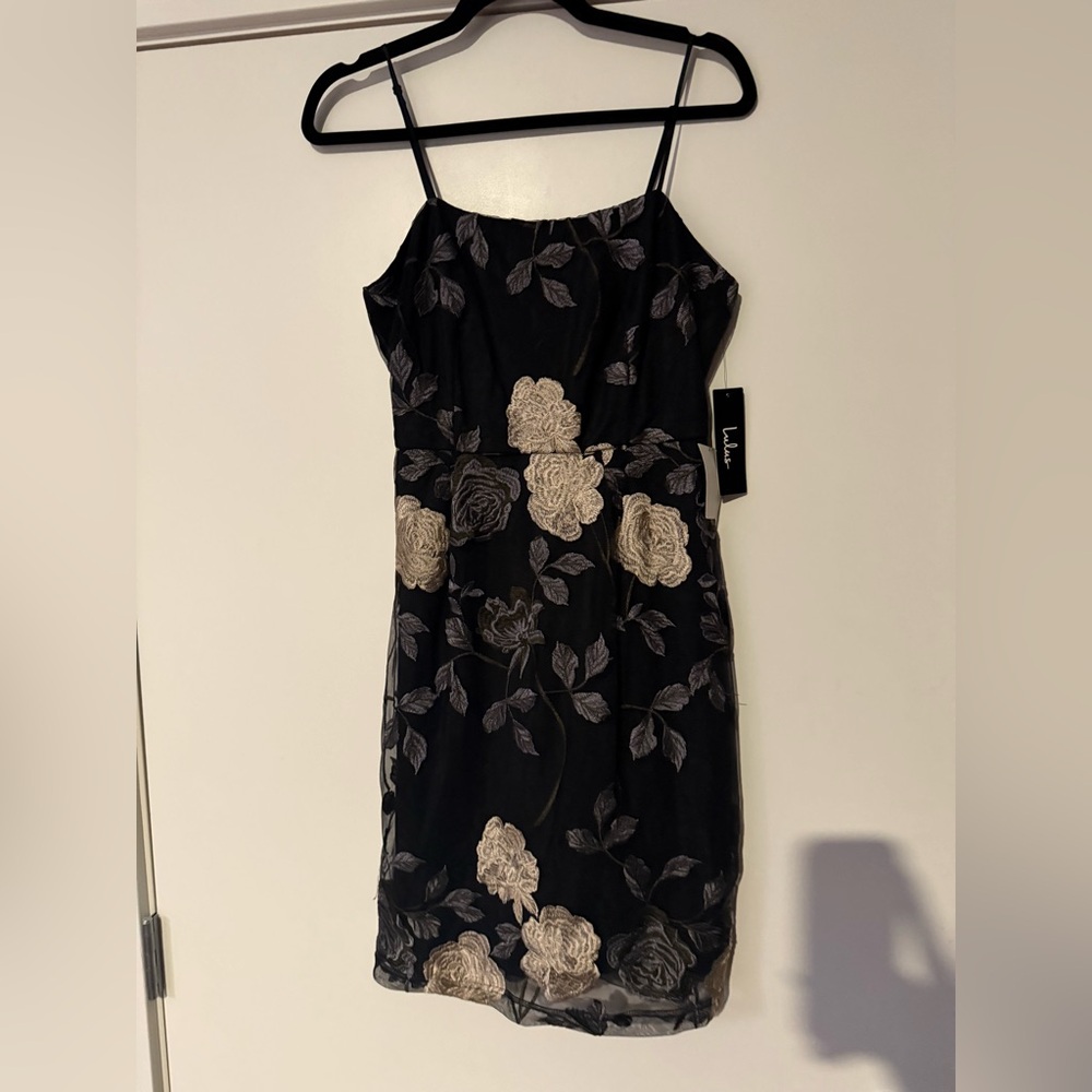 Lulu's Black Slip Dress with Cream Floral Embroidery